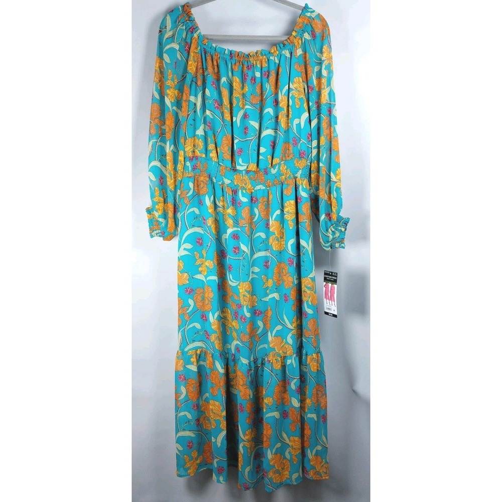 Sofia Jeans Caneel Bay Sheer Floral Midi Dress Wms XL Balloon Sleeves Smocked‎